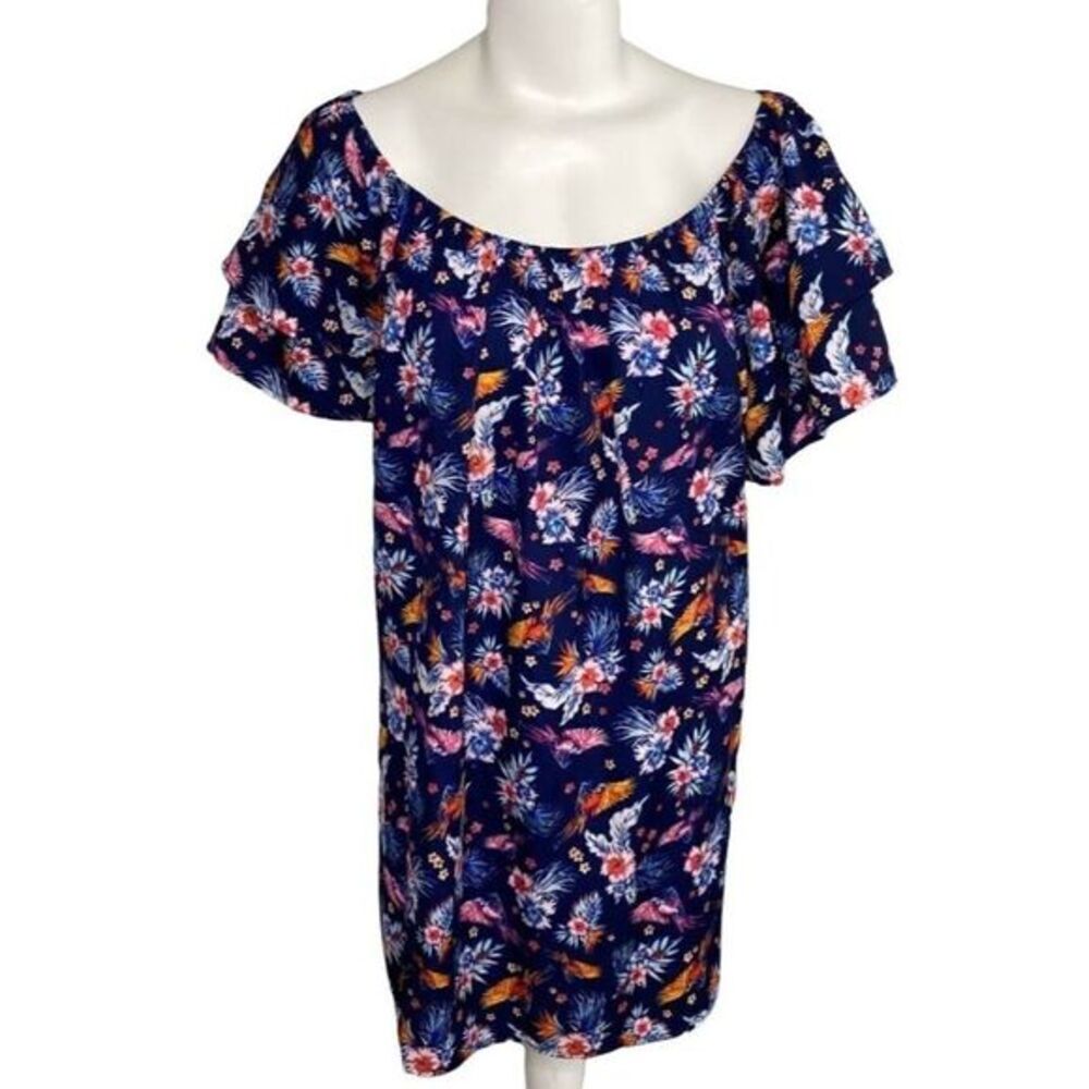 terra & Sky Blouse Top Women's 2X PLUS Navy Blue Floral On or Off-The-Shoulder
